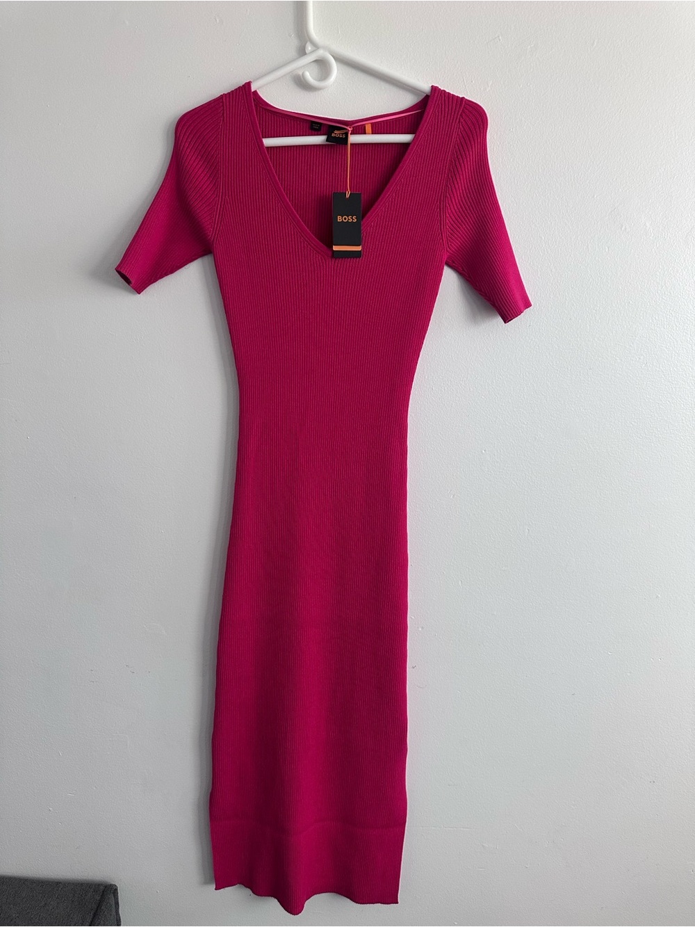 BOSS Ribbed V-Neck Midi Dress in Fuchsia